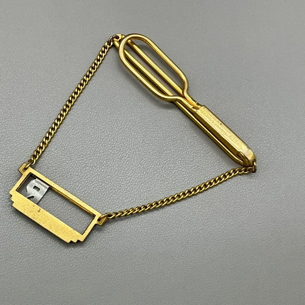 Swank Tie Clip Vintage Gold Tone Initial R Letter Charm Safety Chain Tie Bar